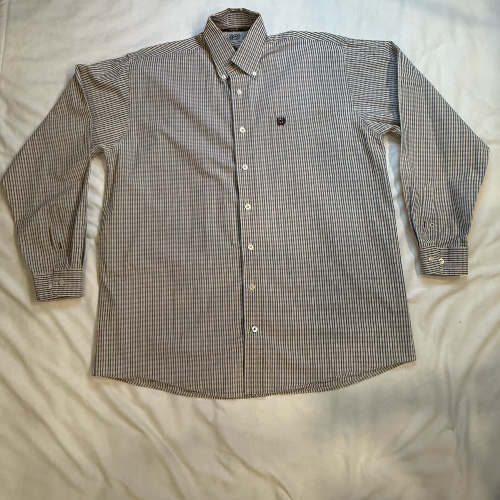 Cinch Men's Tan and Blue Striped Button Down Shirt - Picture 2 of 5